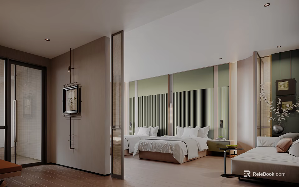 Modern Minimalist Hotel Guest Room With Two Beds Green Curtains And Wooden Floor 3d model 