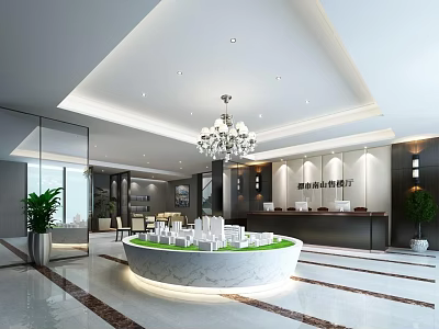 Modern Sales Office Interior With Reception Desk Model Display And Chandelier 3d model