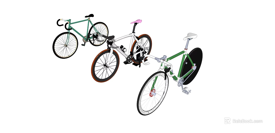 Modern Bicycles With Green White Pink Frames And Sleek Wheel Designs 3d model 