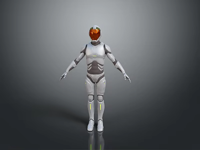 Futuristic Robot Character In Game And Movie With White Gray Armor Orange Helmet Glowing Details 3d model