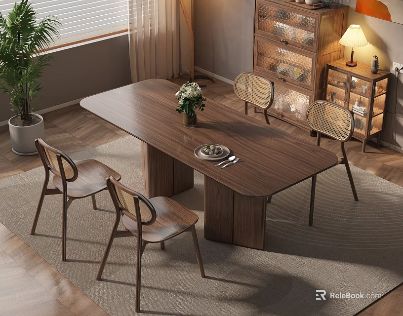 Wooden Dining Table Set with Four Chairs Flower Vase Tableware Glass Cabinet and Potted Plant 3d model 