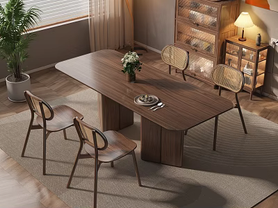 Wooden Dining Table Set with Four Chairs Flower Vase Tableware Glass Cabinet and Potted Plant 3d model