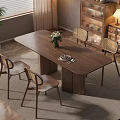 Wooden Dining Table Set with Four Chairs Flower Vase Tableware Glass Cabinet and Potted Plant