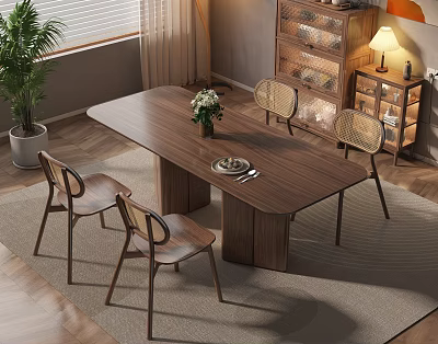 Wooden Dining Table Set with Four Chairs Flower Vase Tableware Glass Cabinet and Potted Plant 3d model