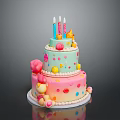 Three Layer Birthday Cake with Colorful Candles Stars Candies and Pink Light Blue Gradient Layers