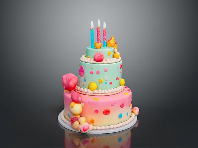 Three Layer Birthday Cake with Colorful Candles Stars Candies and Pink Light Blue Gradient Layers 3d model