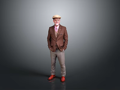 Man In Brown Blazer Light Colored Pants Red Shoes And Hat Standing On Gray Background 3d model