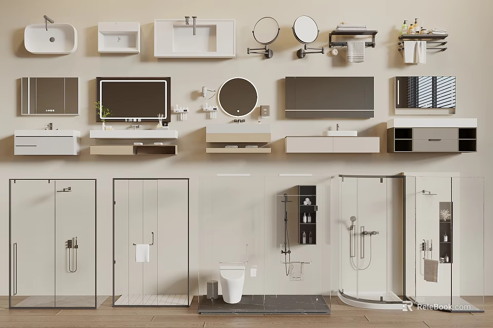 Complete Modern Bathroom Set With Sinks Mirrors Cabinets Toilet And Shower Enclosures 3d model 