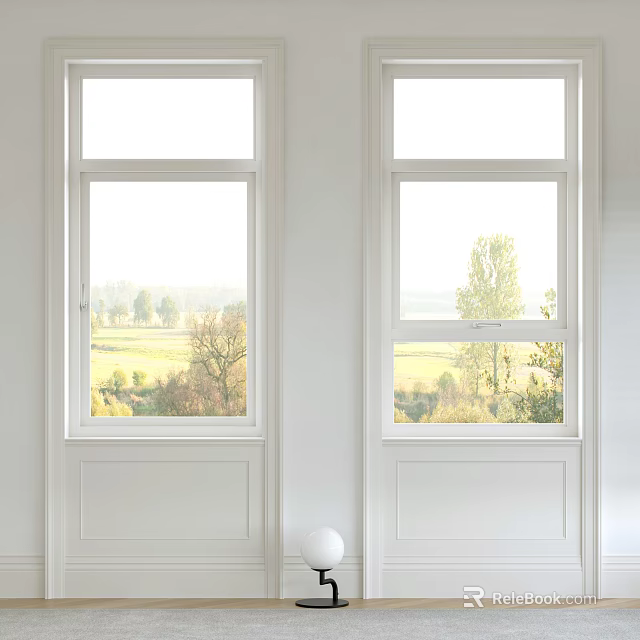 White Casement Windows with Clear View of Green Landscape and Trees 3d model 