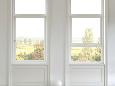 White Casement Windows with Clear View of Green Landscape and Trees 3d model