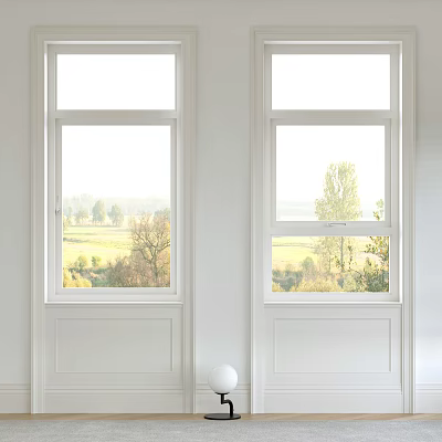 White Casement Windows with Clear View of Green Landscape and Trees 3d model