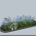 Lush Garden Flower Bed With Blue Flowers And Green Grasses In Stone Planter