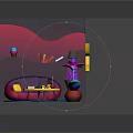 Vibrant 3D Cartoon Scene With Curved Shapes Purple Bottle Round Cushion And Red Plant