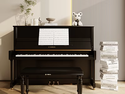 Black Piano With Sheet Music And Stacked Art Papers In Stylish Room Setup 3d model
