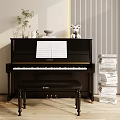 Black Piano With Sheet Music And Stacked Art Papers In Stylish Room Setup