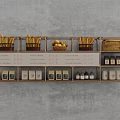 Food Display On Metal Shelf Featuring Bread Sticks Fruit Basket Packaged Boxes And Liquid Bottles