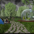 Garden Landscape With Transparent Spherical Building Stone Path Green Lawn And Lush Trees
