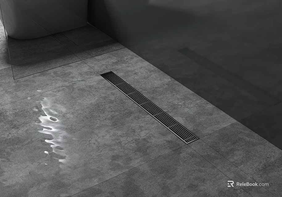 Sleek Linear Floor Drain For Bathroom On Gray Tile Floor 3d model 