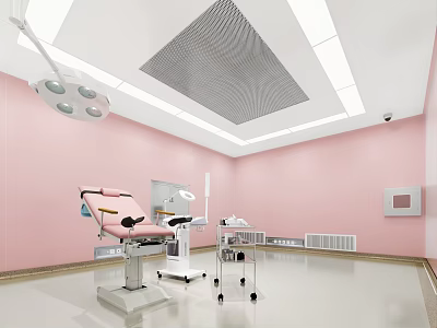 Modern Hospital Outpatient Examination Room with Pink Walls Surgical Lights and Medical Equipment 3d model