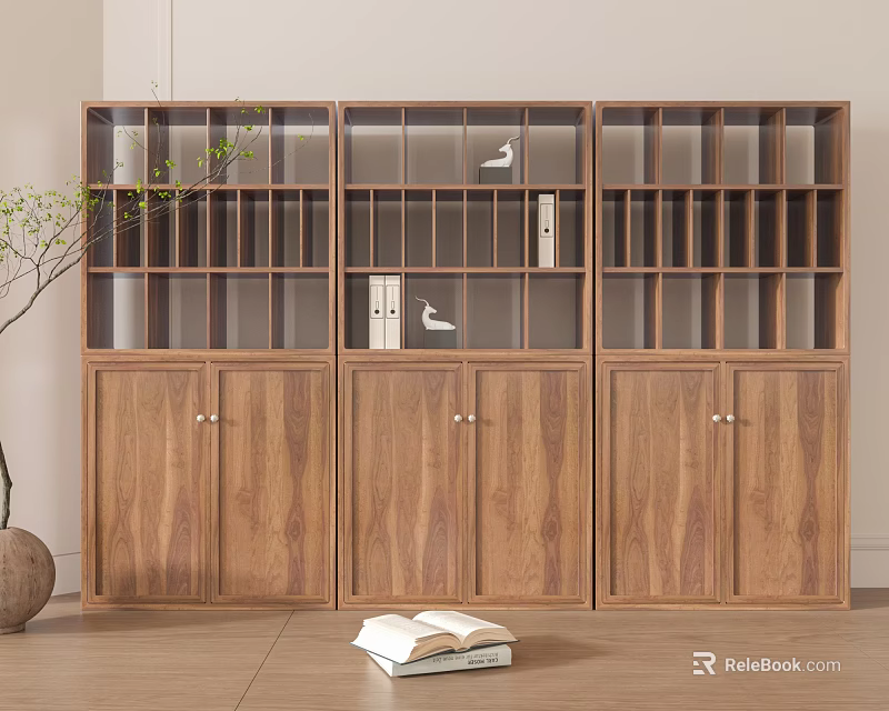 Modern Wooden Bookcase With Open Shelves Closed Cabinets And Potted Plant Stack Of Books 3d model 