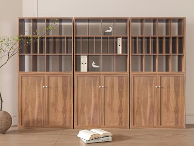 Modern Wooden Bookcase With Open Shelves Closed Cabinets And Potted Plant Stack Of Books 3d model