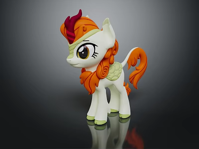 White Pony Toy Figure With Orange Red Mane Curly Tail Green Hooves And Decorative Design 3d model
