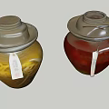Decorative Yellow and Red Ceramic Jars with Lids and White Labels 3d model