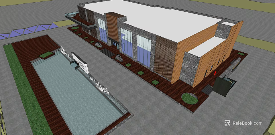 Modern Architectural Exterior With Large Glass Windows Wooden Stone Walls And Outdoor Water Feature 3d model 