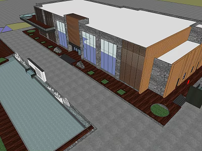 Modern Architectural Exterior With Large Glass Windows Wooden Stone Walls And Outdoor Water Feature 3d model