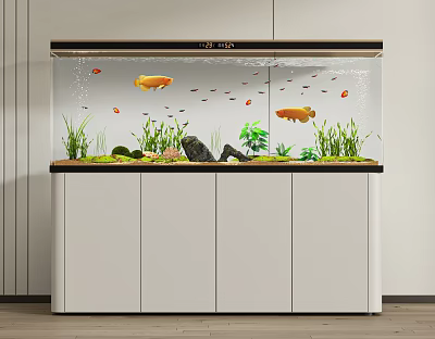 Modern Aquarium With Fish Plants And Cabinet Setup 3d model