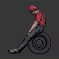 A Man In Red Cap And T-shirt Holding Black Tire With White Gloves On Gray Background