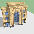 European Style Entrance Gate With Ornate Carvings Arched Design Side Windows And Stone Material