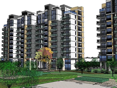 Modern High Rise Residential Building With Green Lawn Trees And Balconies 3d model
