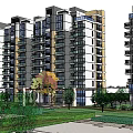 Modern High Rise Residential Building With Green Lawn Trees And Balconies