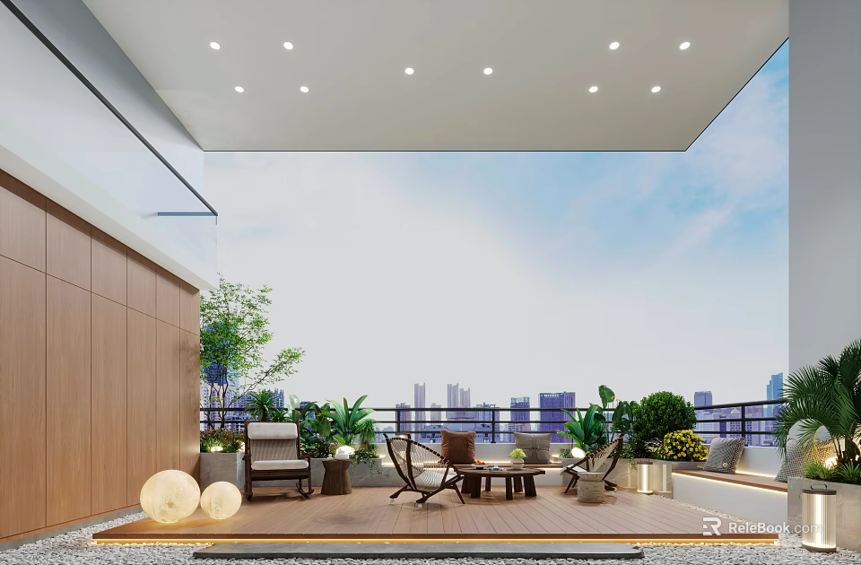 Modern Garden Patio With Outdoor Furniture Lush Green Plants And City View 3d model 