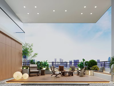 Modern Garden Patio With Outdoor Furniture Lush Green Plants And City View 3d model
