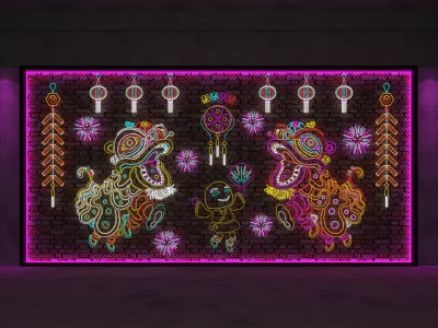 Colorful Decorative Lights Featuring Lion Dance Figures Neon Lanterns Firecrackers And Patterns On Brick Wall 3d model