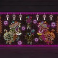 Colorful Decorative Lights Featuring Lion Dance Figures Neon Lanterns Firecrackers And Patterns On Brick Wall