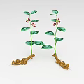 Two Green Leaf Plants With Small Red Fruits And Brown Roots On White Background