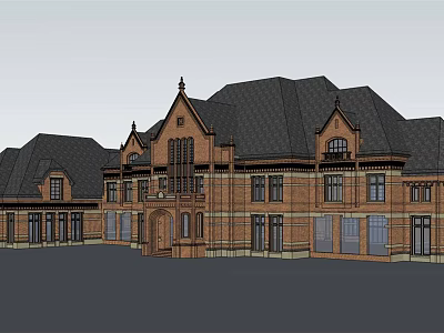 European Style Large Brick Mansion With Black Roof And Arched Windows 3d model