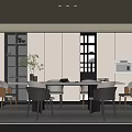 Modern Restaurant Interior With Round Dining Table White Cabinets Open Shelves And Chairs