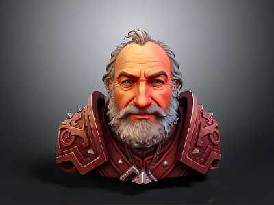 Elderly Man With Gray Hair Beard In Ornate Red Armor 3D Bust With Decorative Shoulders 3d model