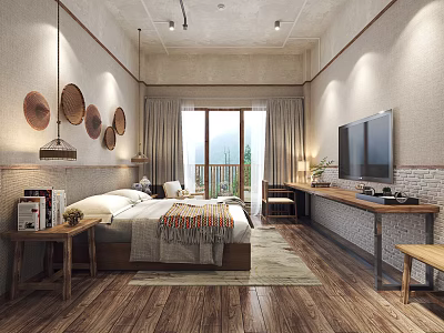 Cozy Modern Hotel Room Interior With King Bed Woven Decor And Flat Screen TV 3d model