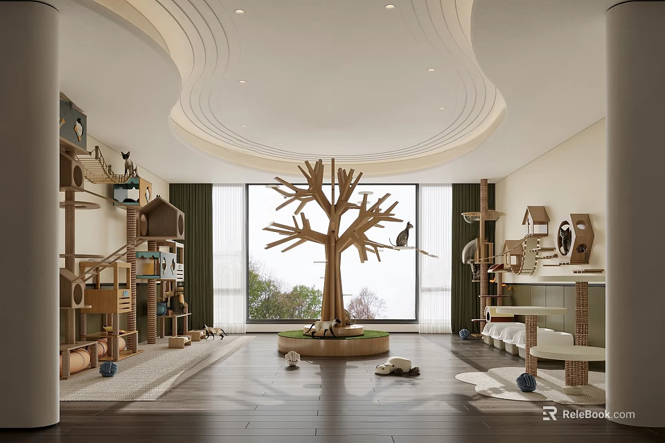 Spacious Pet Playroom Interior With Tree Cat Towers And Toys 3d model 