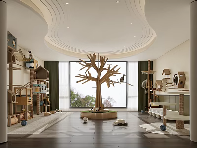 Spacious Pet Playroom Interior With Tree Cat Towers And Toys 3d model