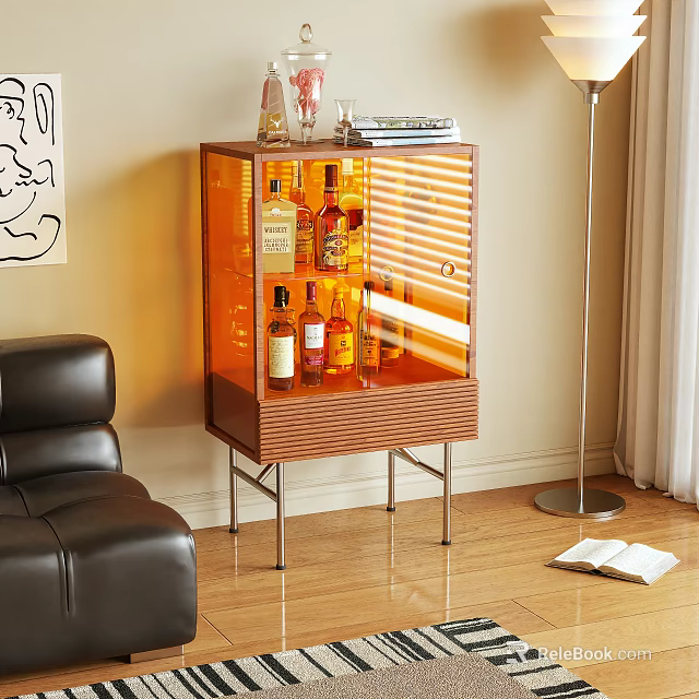Modern Living Room Wine Cabinet With Transparent Glass Doors And Wine Bottles 3d model 