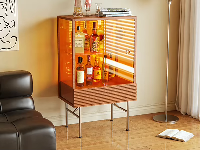 Modern Living Room Wine Cabinet With Transparent Glass Doors And Wine Bottles 3d model