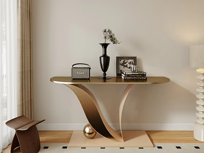 Modern Gold Console Table With Curved Base Vase Flowers And Decorative Books 3d model