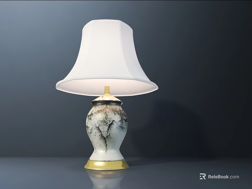 Illuminated Table Lamp With White Fabric Shade Marble Pattern Vase And Gold Base 3d model