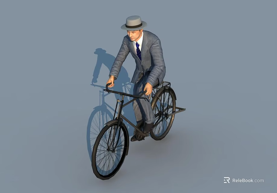 A Man in Suit and Hat Riding a Classic Bicycle on Gray Background 3d model 